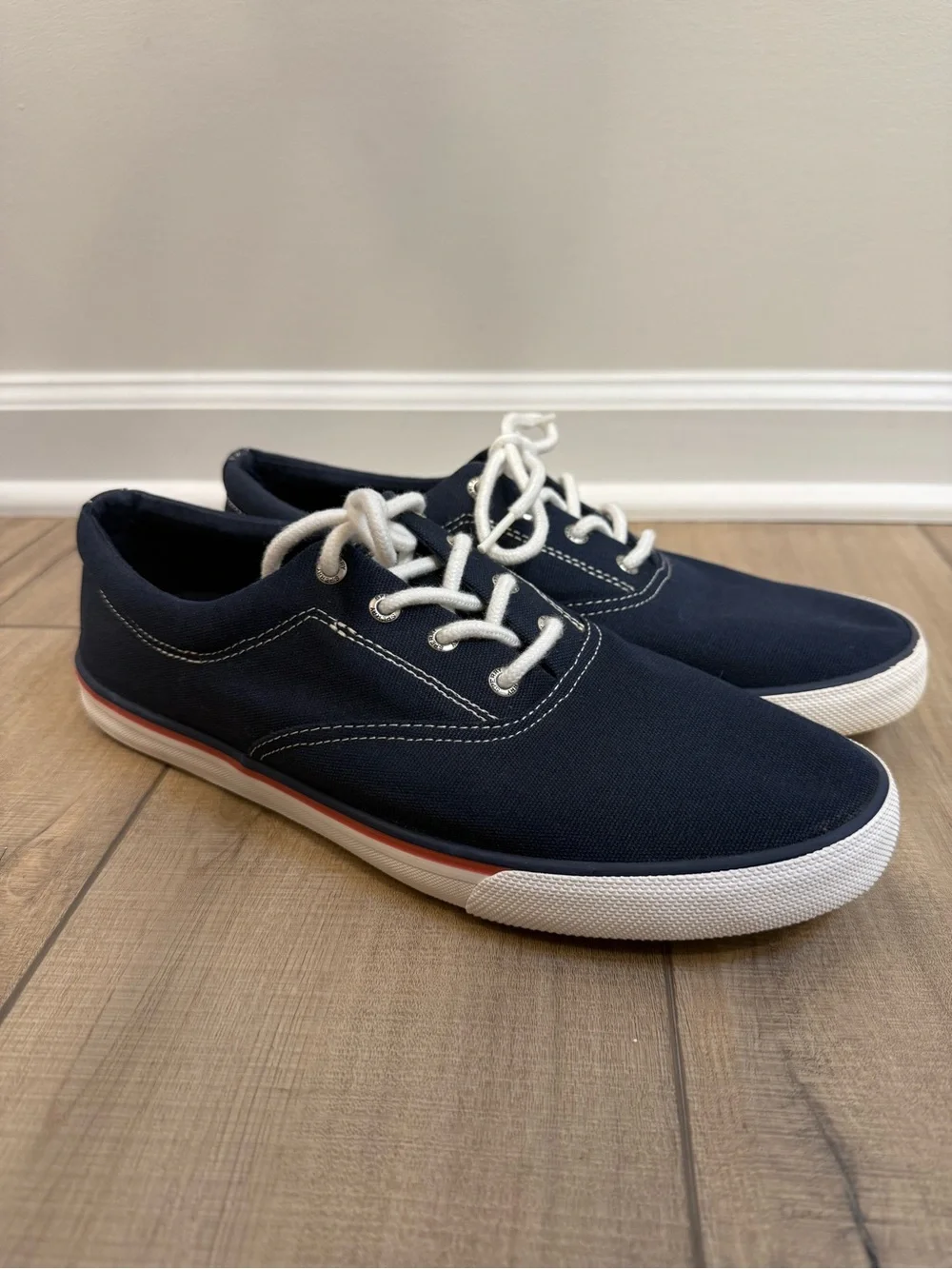 Sperry Navy Canvas Boat Shoes with White Laces